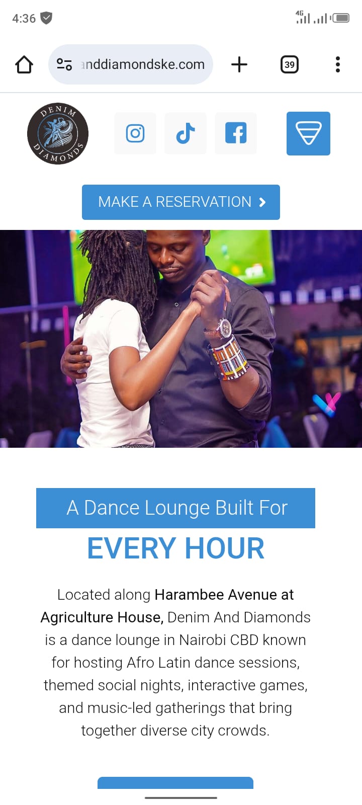 restaurant dance lounge in Nairobi Kenya agrriculture house denim and diamonds ke website design reponsive mobile view of the homepage top section with header